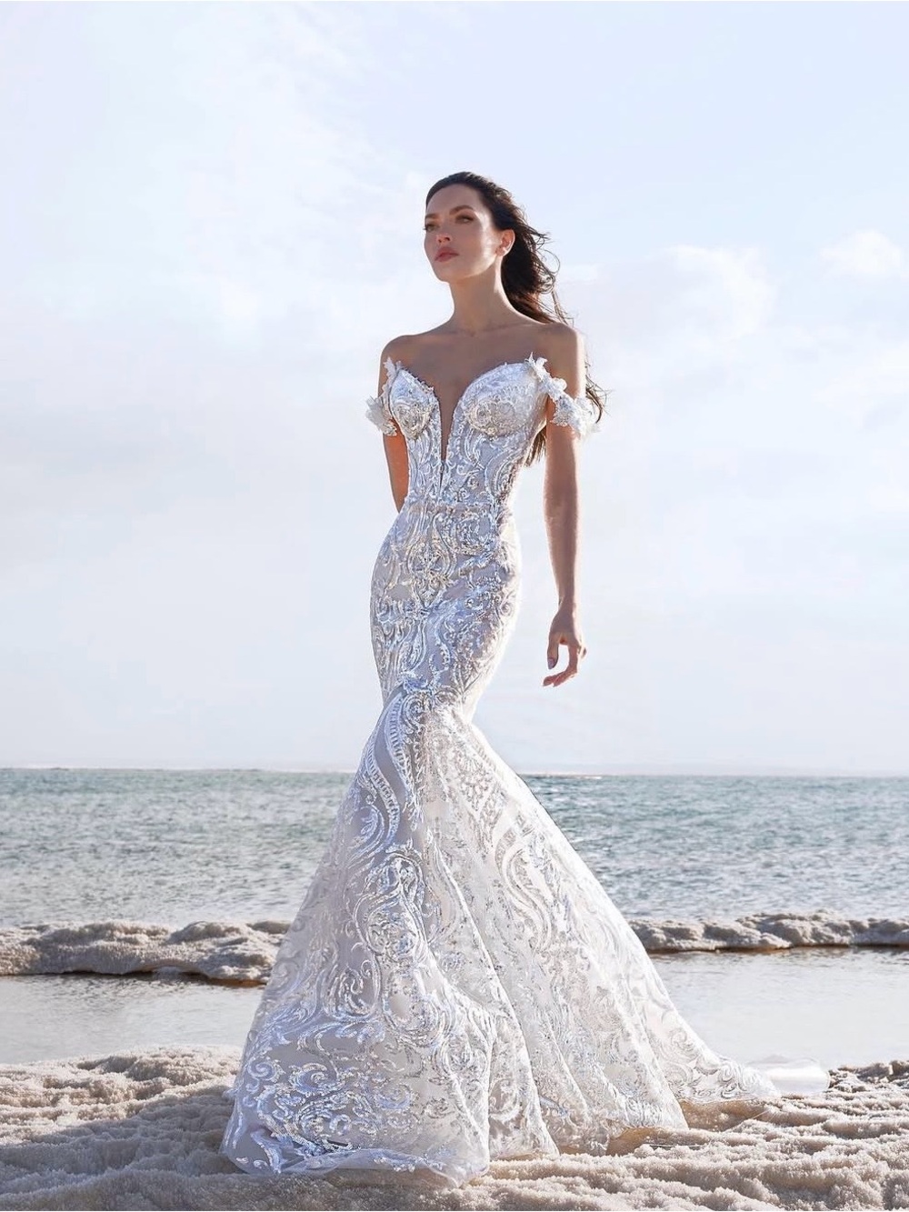 Pnina Tornai Embellished White Off-Shoulder Mermaid Wedding Gown